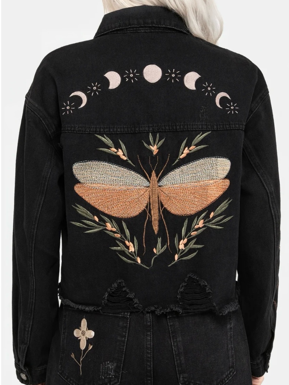 NWT Disturbia Griffinfly Embroidered Distressed Black Denim Jacket US10 sold out - Picture 2 of 13